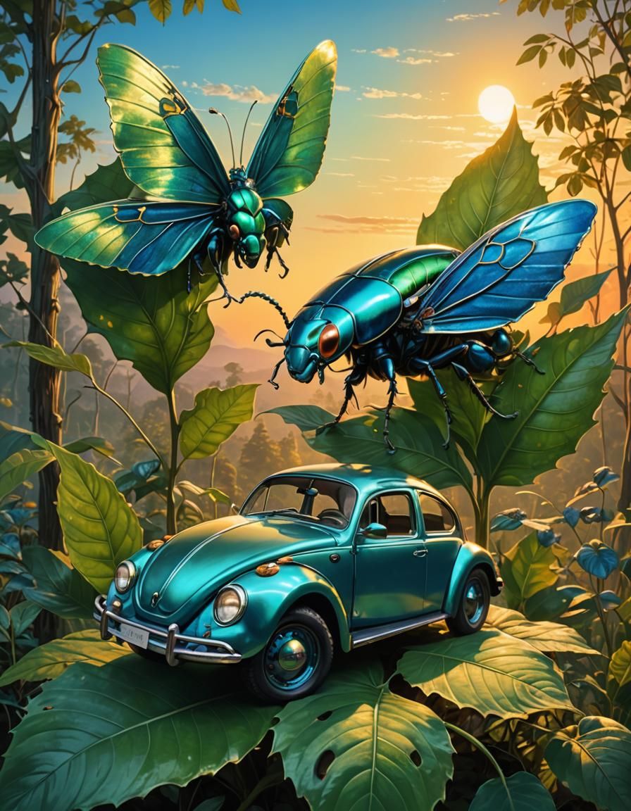 Metallic Beetle and Owl Conversation at Sunset