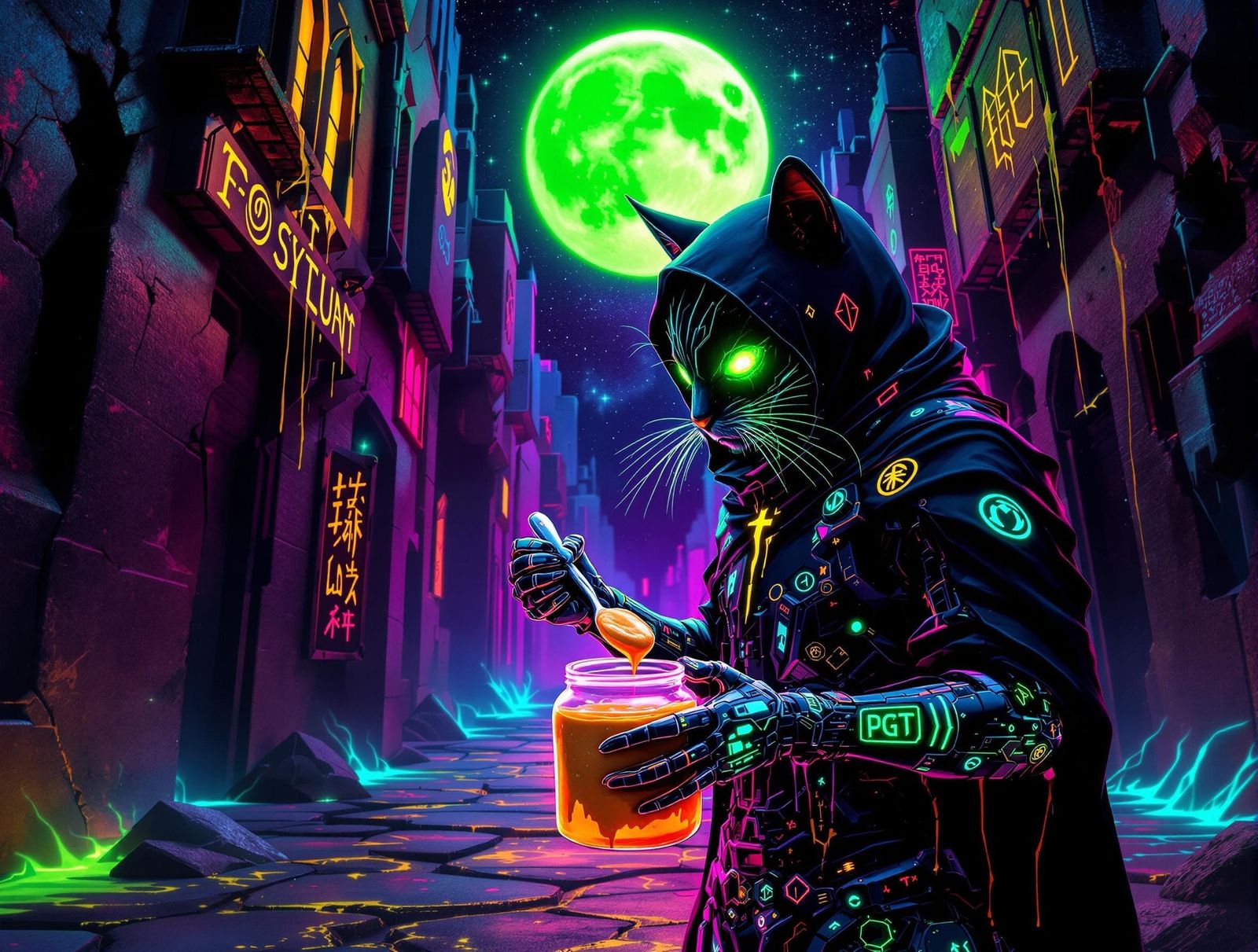 Cybernetic Cat Ninja in Dark Surrealistic Cosmic Alley