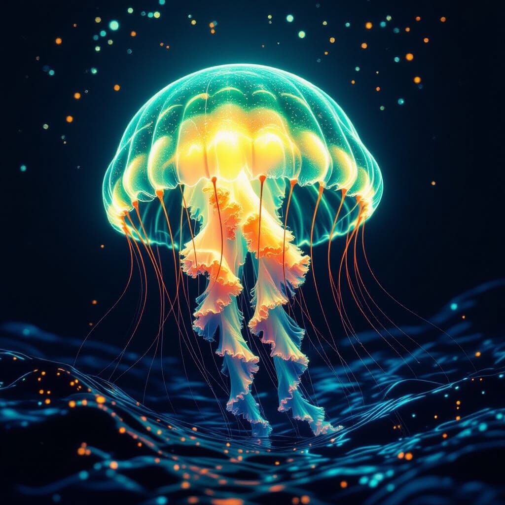 Bioluminescent Jellyfish Drifting Through Deep Ocean