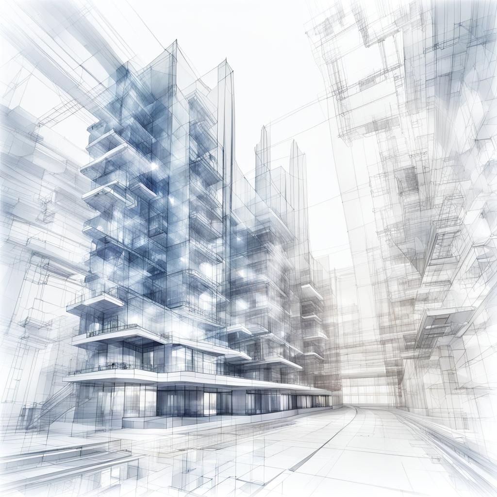 A harmonious blend of architectural sketches and digital interface elements on a white background, white background, br...