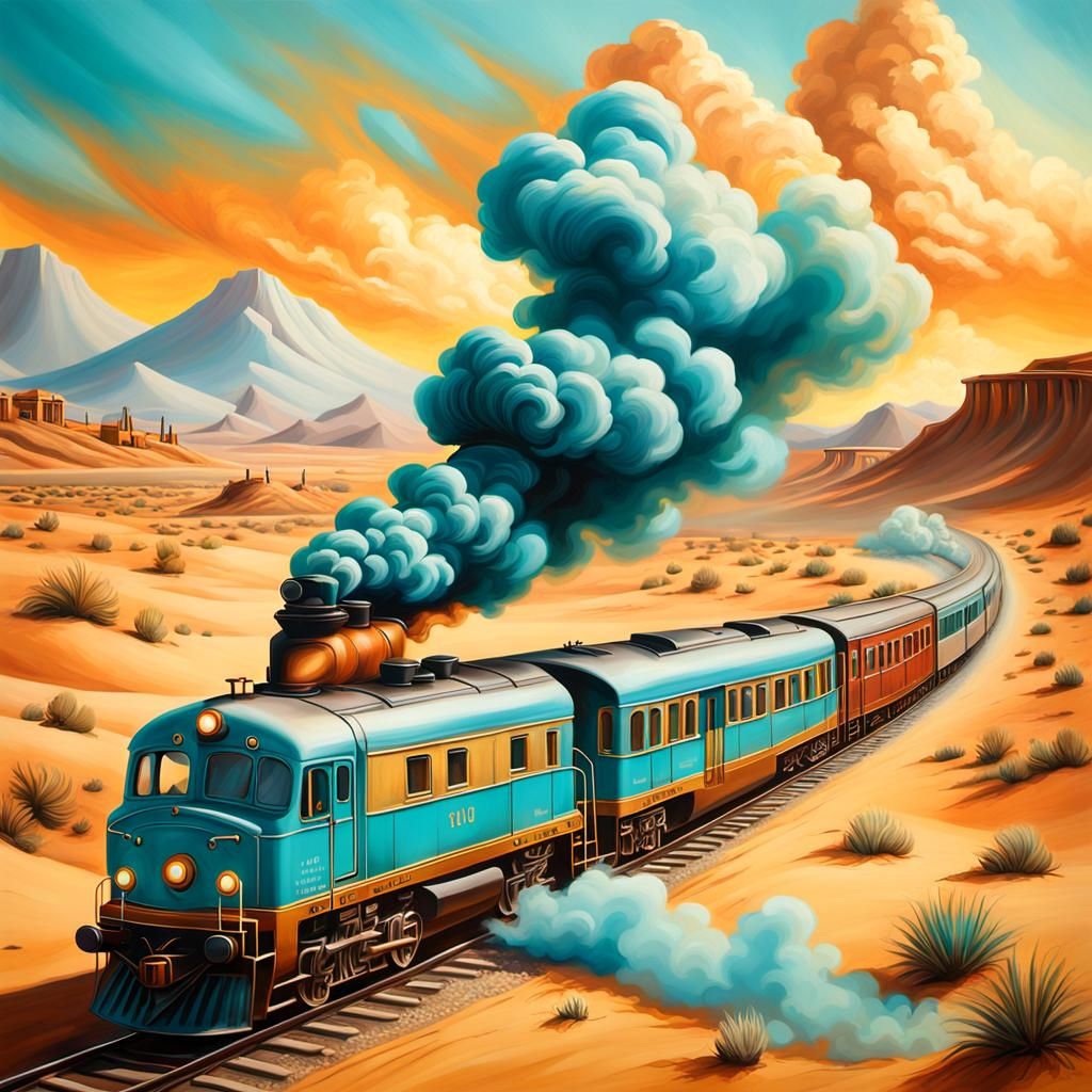 Surreal Train Speeds Through Desert Landscape
