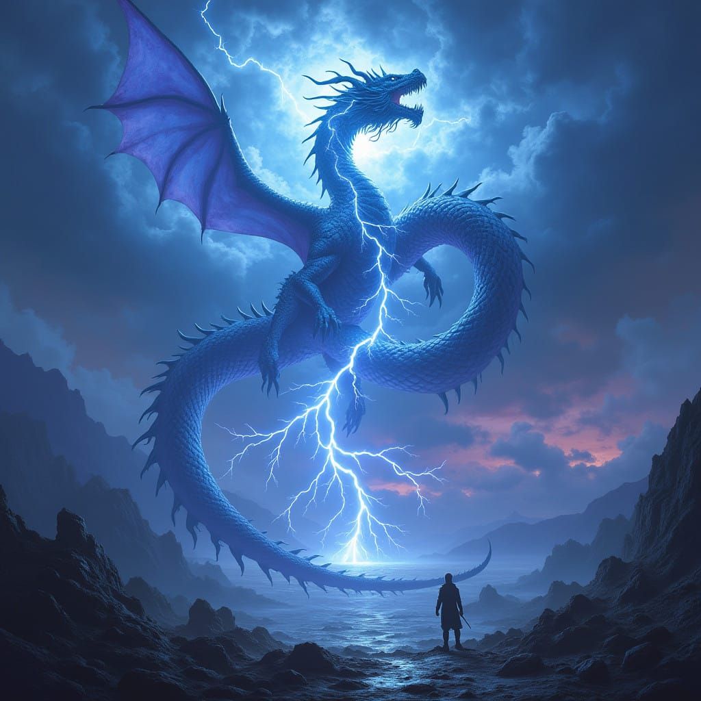 Mythic Lightning Dragon in Electric Blue and Purple Skies