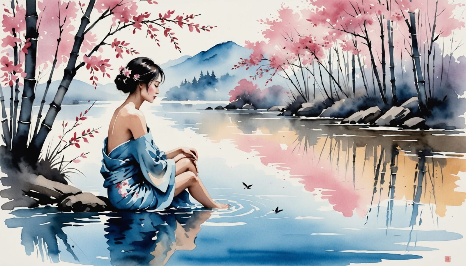 Elegant Sumi-e Woman Bathing in River with Cherry Blossoms