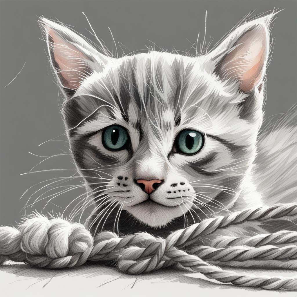 Gray Pencil Sketch of Kitten Playing with Yarn
