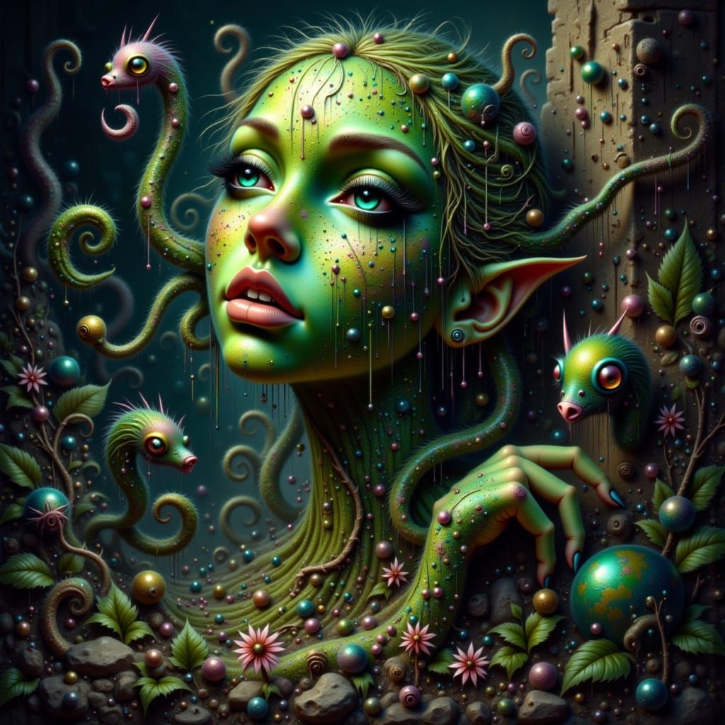 Emerald Vine Adorns Stone Statue: Oil Painting Style