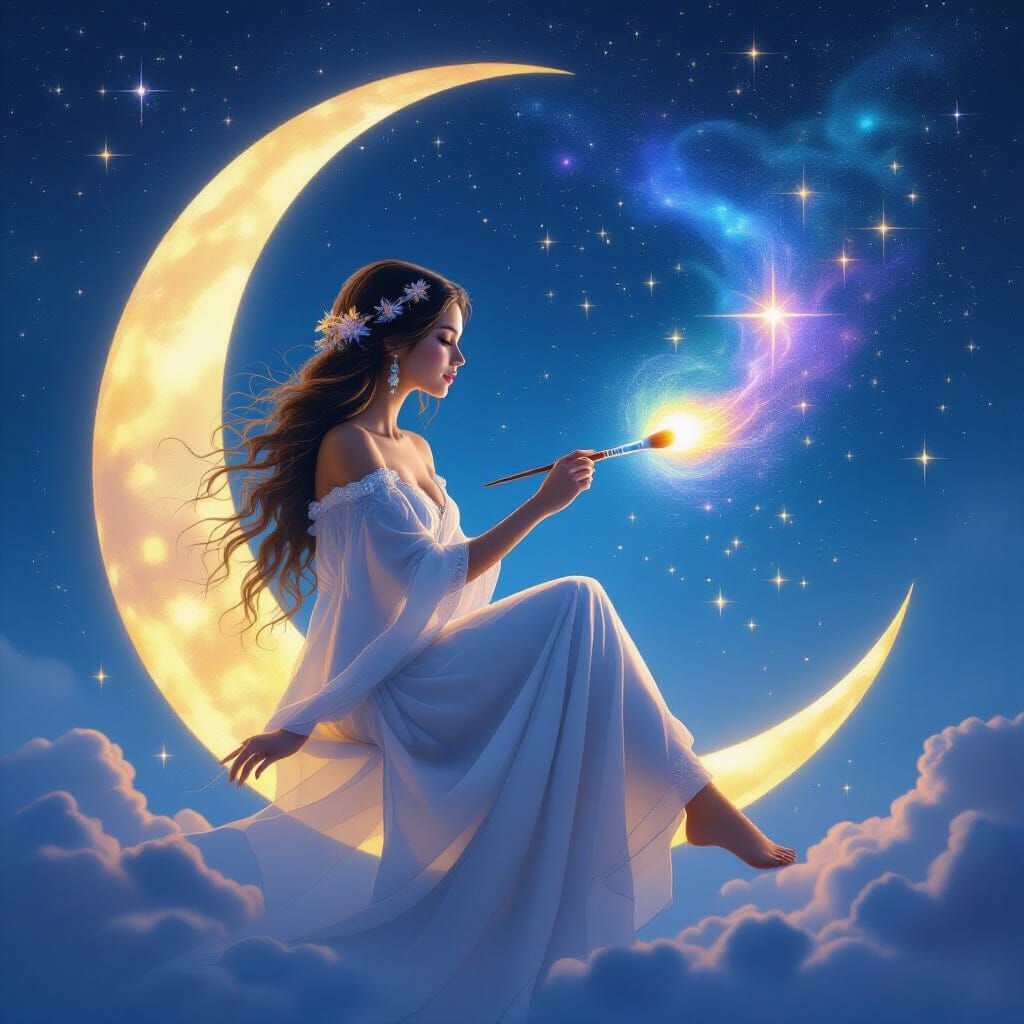 Stardust Woman Painting Sky on Crescent Moon