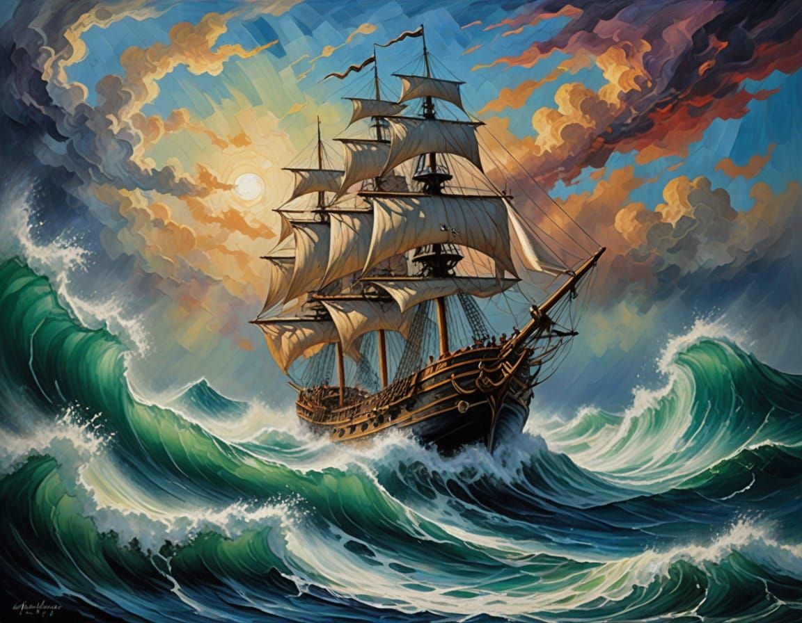 Vibrant Waves Crashing Over a Majestic Galleon in Impasto St...