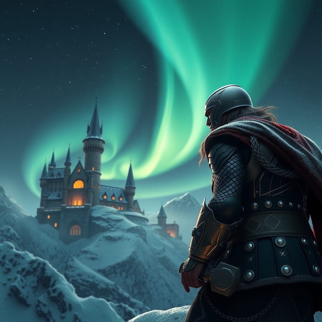 Thor Overlooking Doom's Castle Under Aurora Borealis