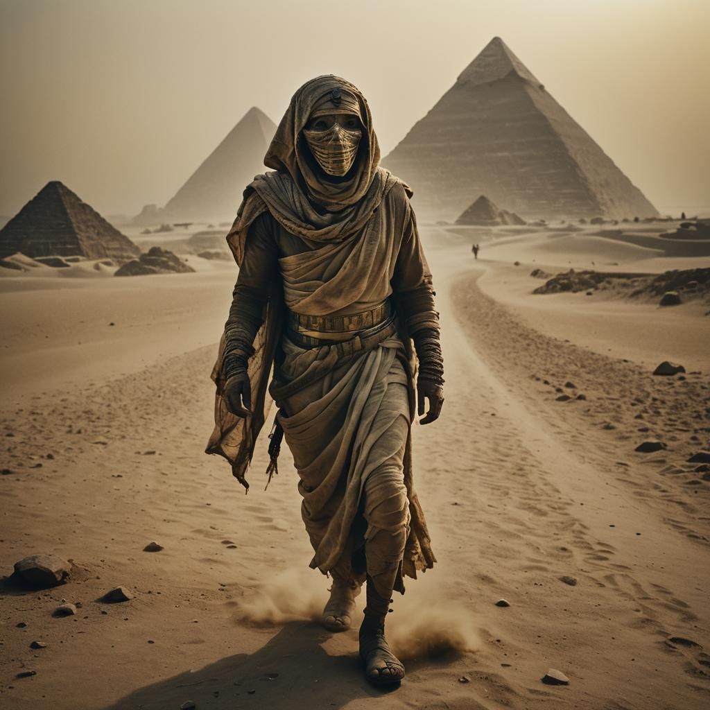 Cinematic Mummy Walking Near Pyramids at Night