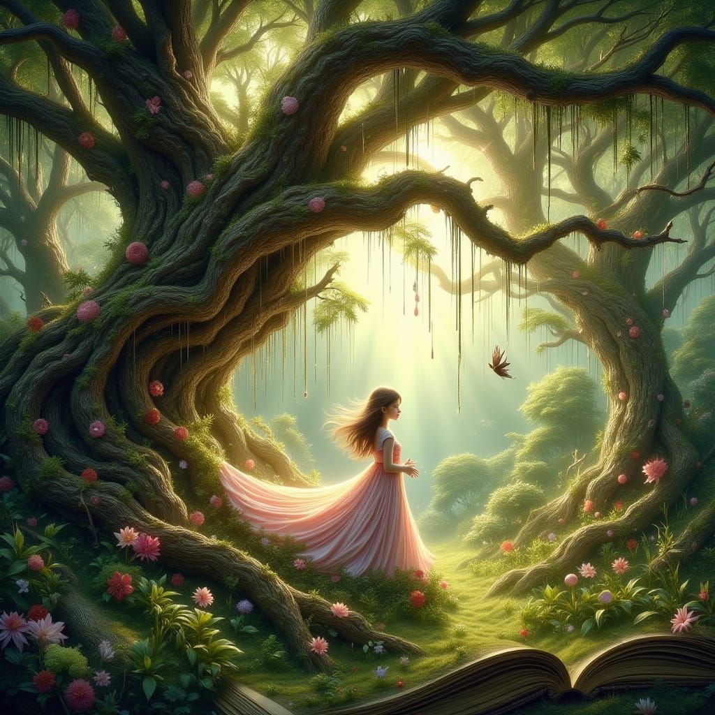 Girl Under Oak Tree in Whimsical Art Style