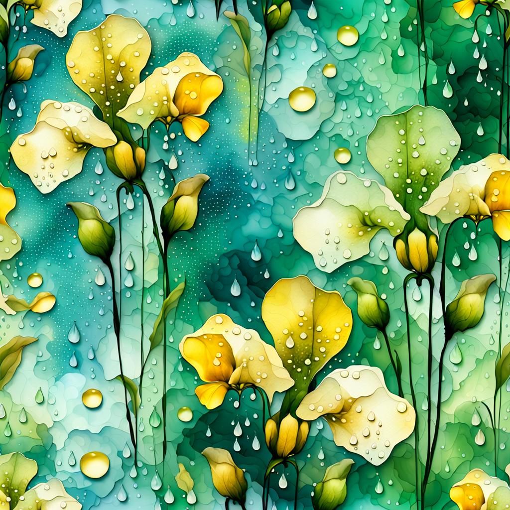 Dark Sage Abstract Alcohol Ink Splatter, 3d Antique Ivory Parchment Paper Background, Numerous 3d Yellow Sweet Pea Flowe...