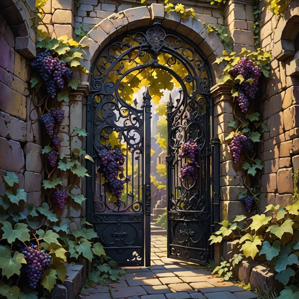 Iron Gate Covered in Grapes: Dark Fantasy Art