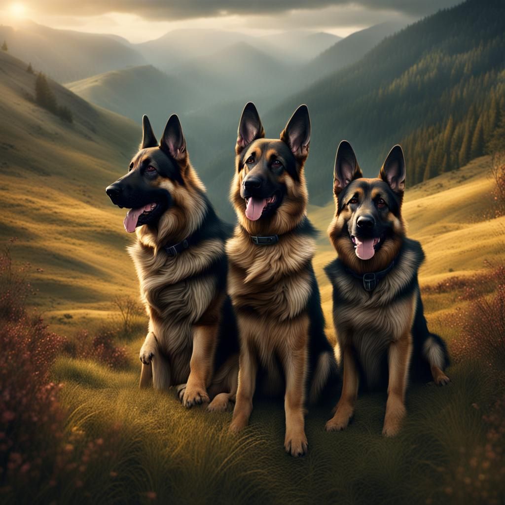 German Shepherds Play in Mountain Meadow
