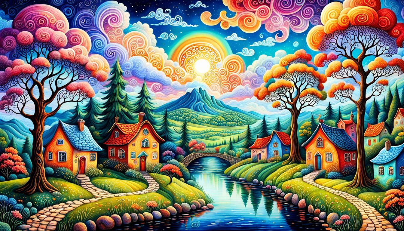 Whimsical Neighborhood Houses in Colorful Digital Art