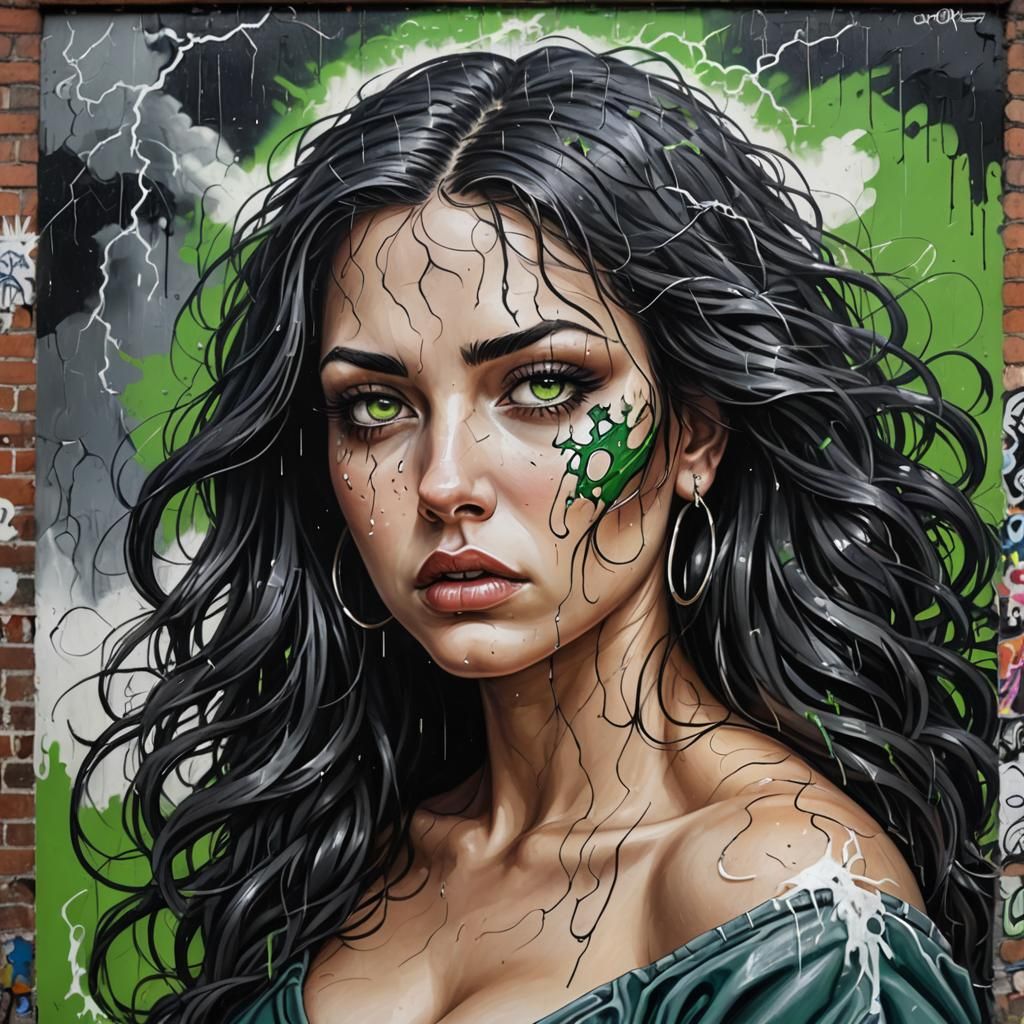 beautiful curvy woman with long black hair shaved around her left ear green eyes, and ivory skin, ,curled into a ball cr...