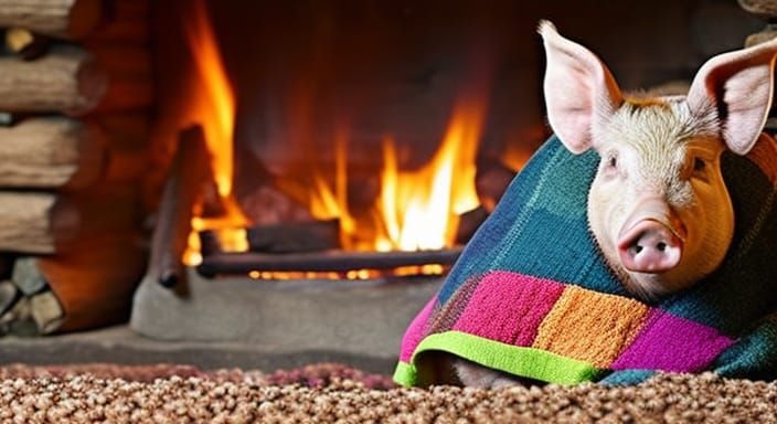 Cozy Pig in Flower Blanket by Fireplace