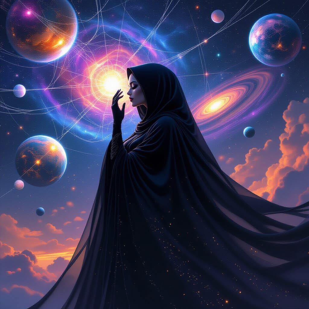 Cosmic Spider Woman Touches Galaxies in Surreal Style