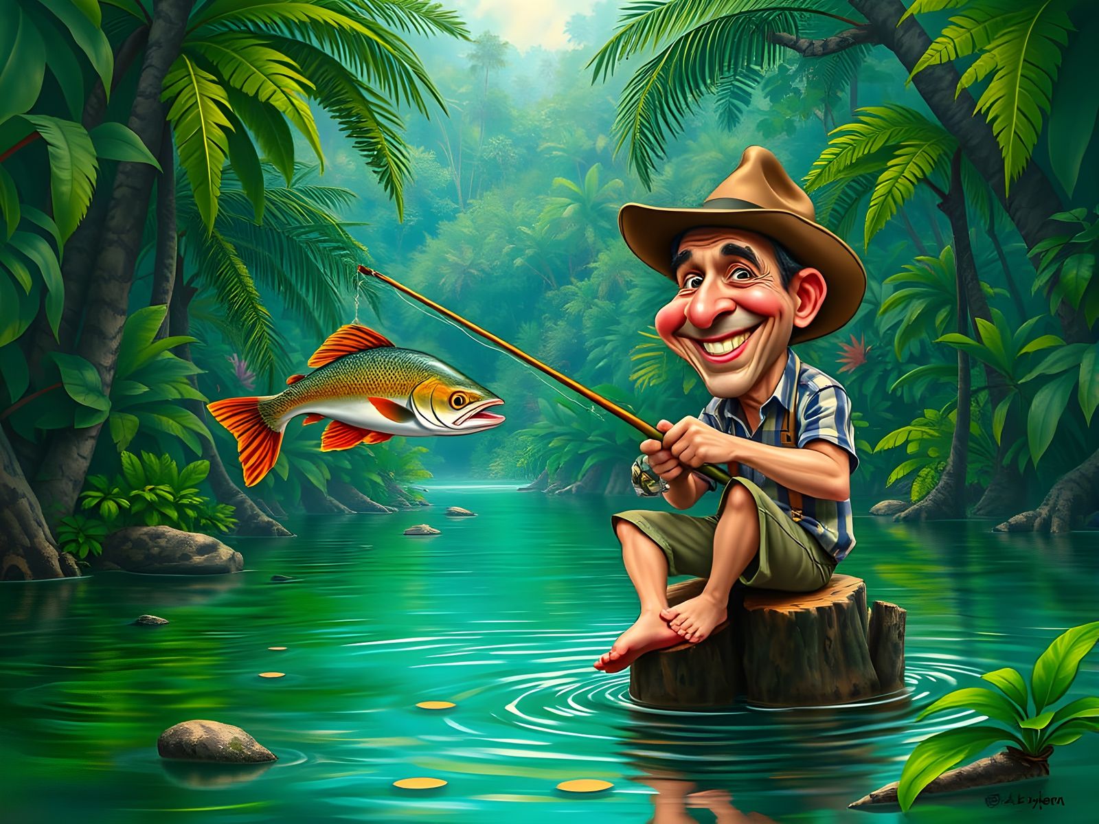 Louis de Funès Caricature Fishing in Lush Jungle