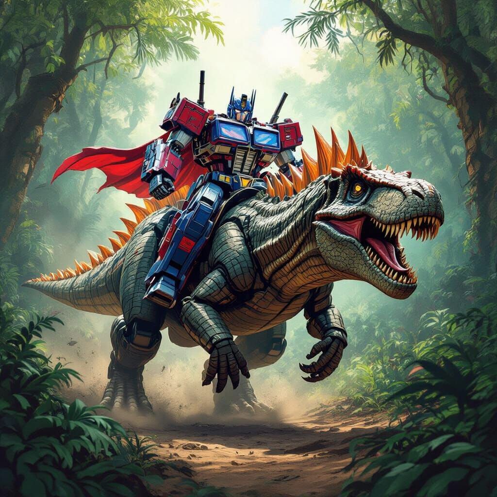 Optimus Prime Rides Spinosaurus Through Prehistoric Jungle