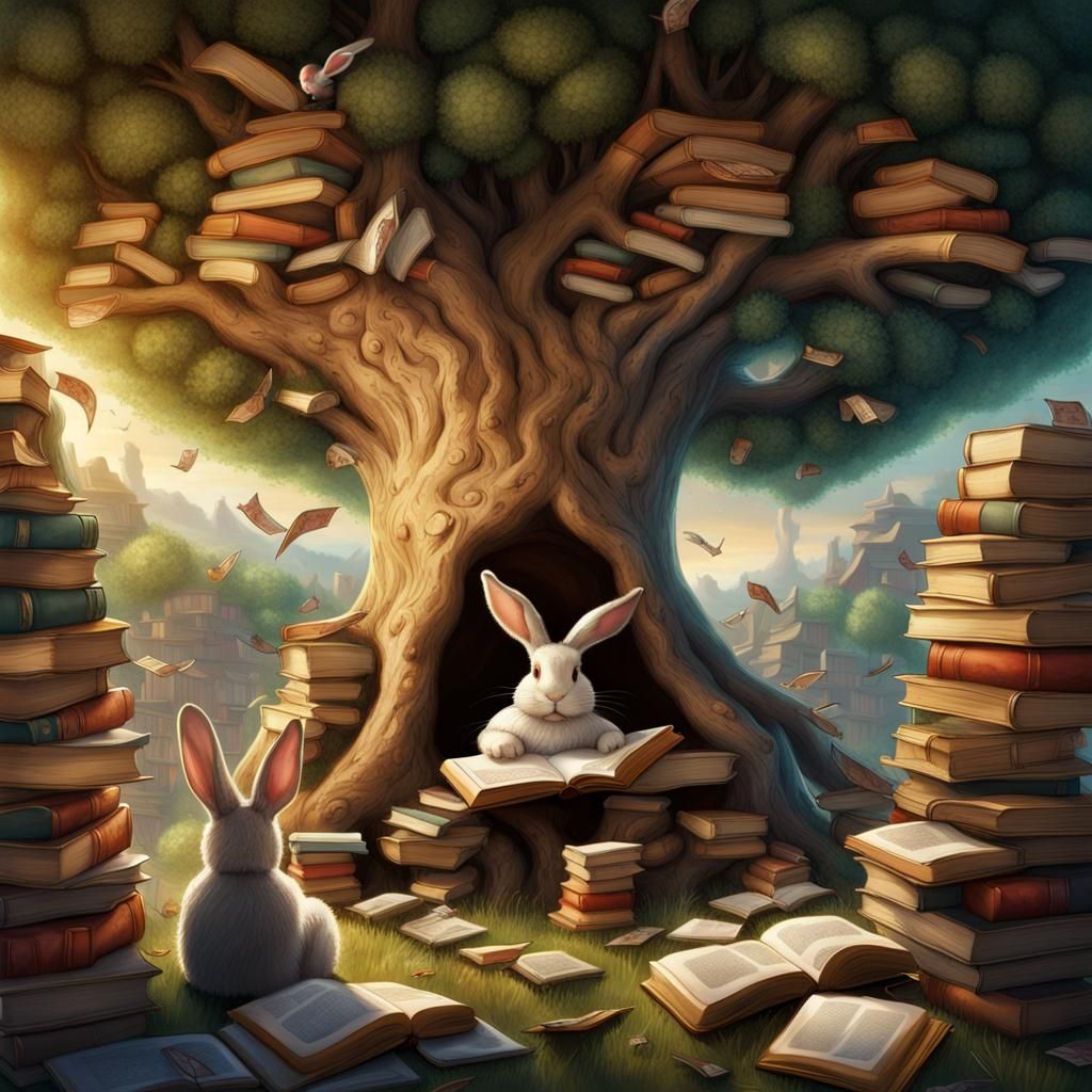 Tree of Books: Bunny Family Gathering in Matte Painting