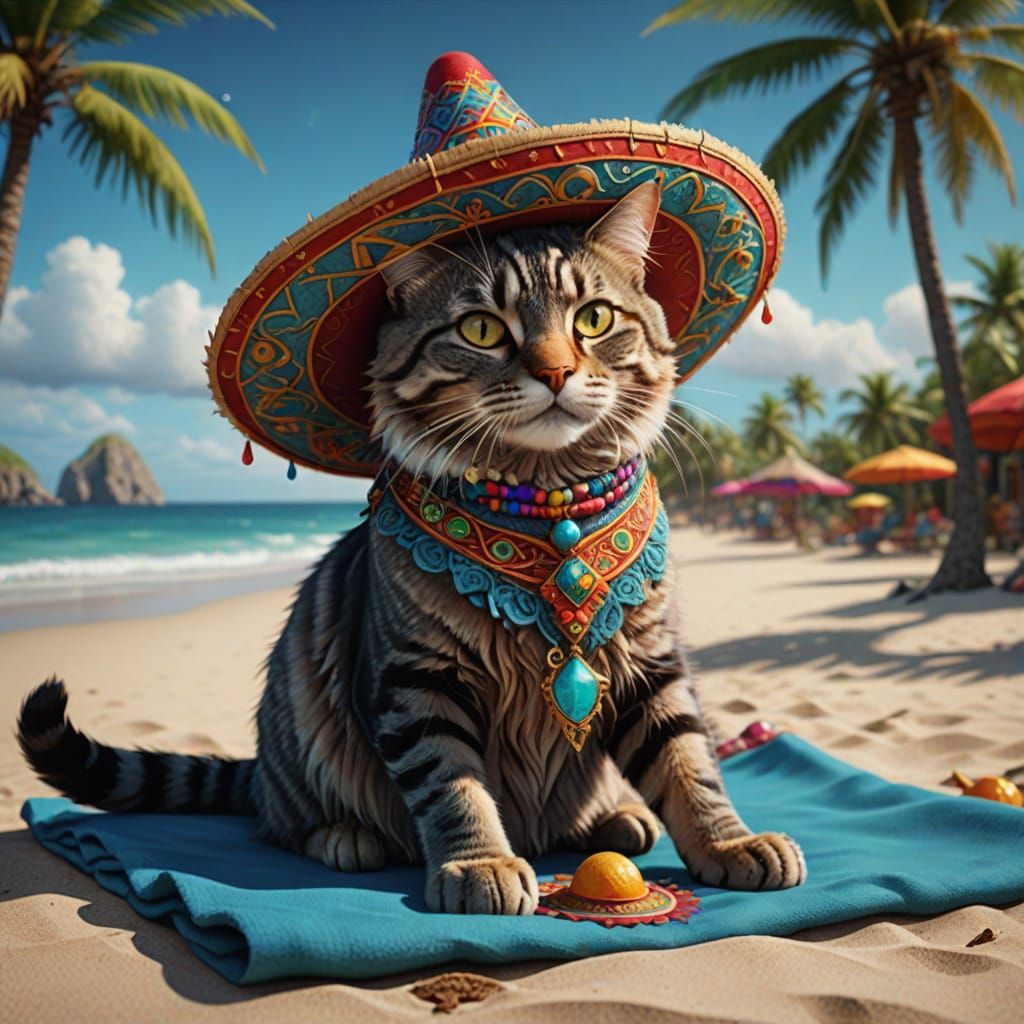 Cat in Sombrero: Relaxing on a Mexican Beach