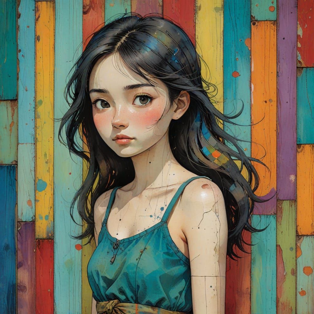 Vivid Young Girl on Distressed Wall, Miyazaki-esque