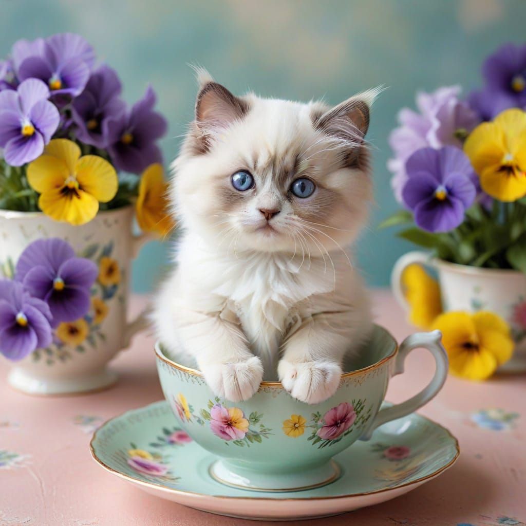 Cute Ragdoll Kitten in Vintage Teacup