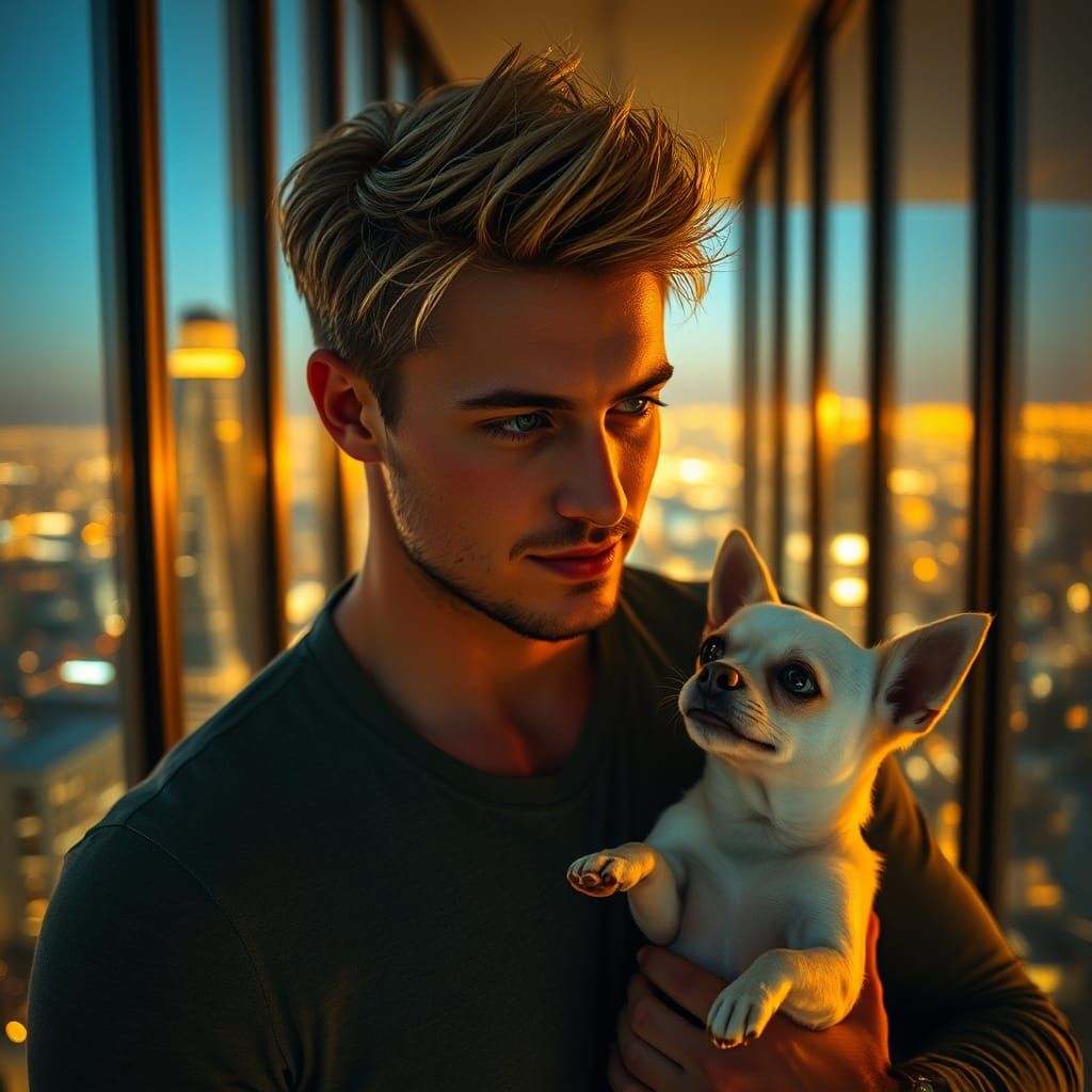 Man and Chihuahua in Modern Highrise Apartment