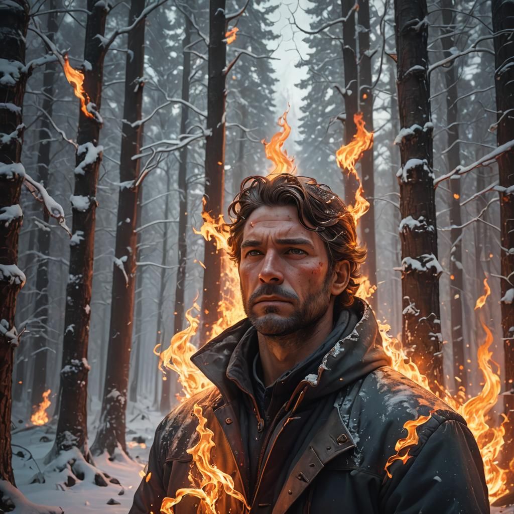 Fiery Figure in Winter Forest: Hyperdetailed Portrait