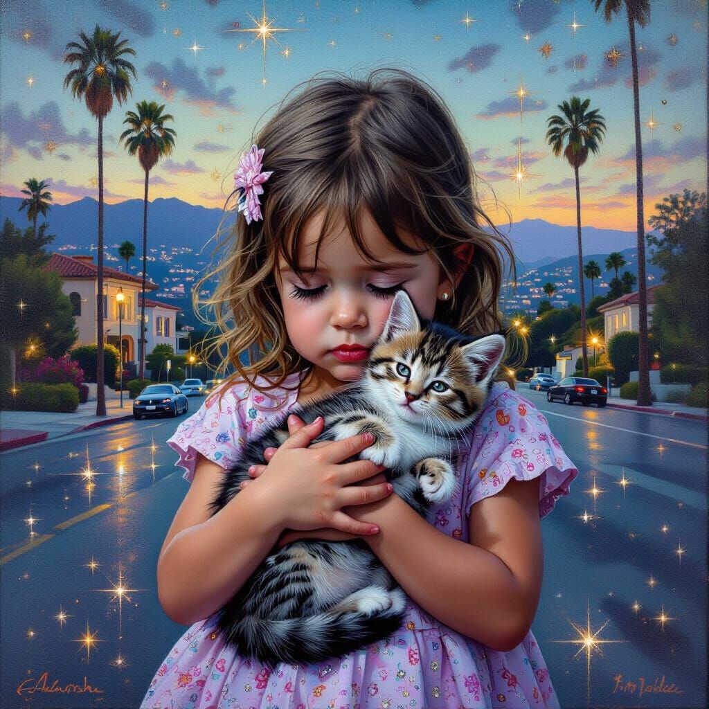 Crying Girl with Kitten in Beverly Hills, Hyperrealistic Oil...