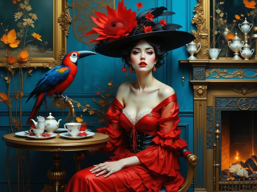 Red Baroness Tea Time in Opulent Blue Salon