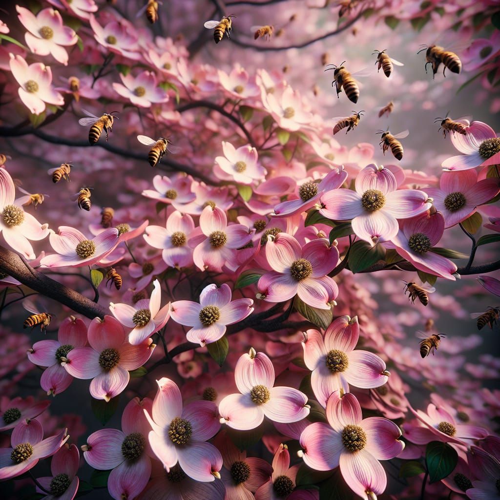 Dogwood Tree in Bloom with Bees