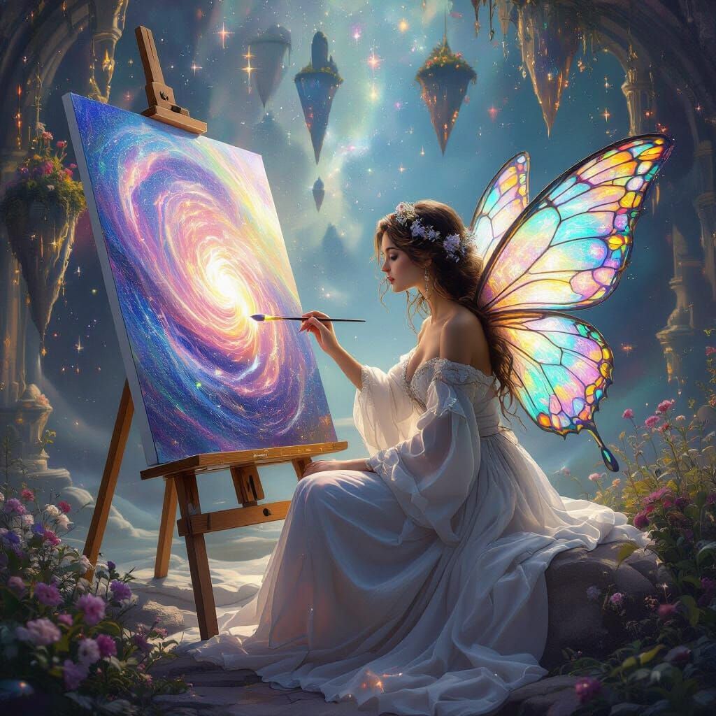 Muse Painting Nebula with Stained Glass Wings