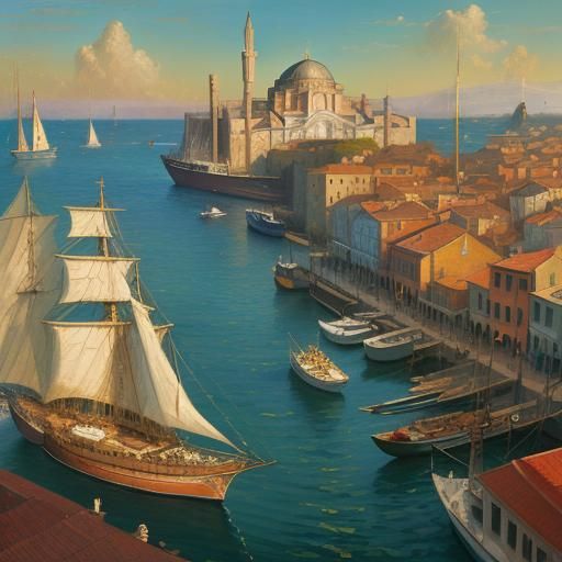 Constantinople Harbor: Impressionist Cityscape with Santa So...