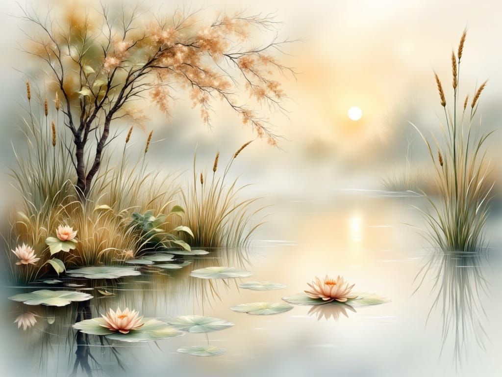 Soft Antique Watercolor Sunrise Pond