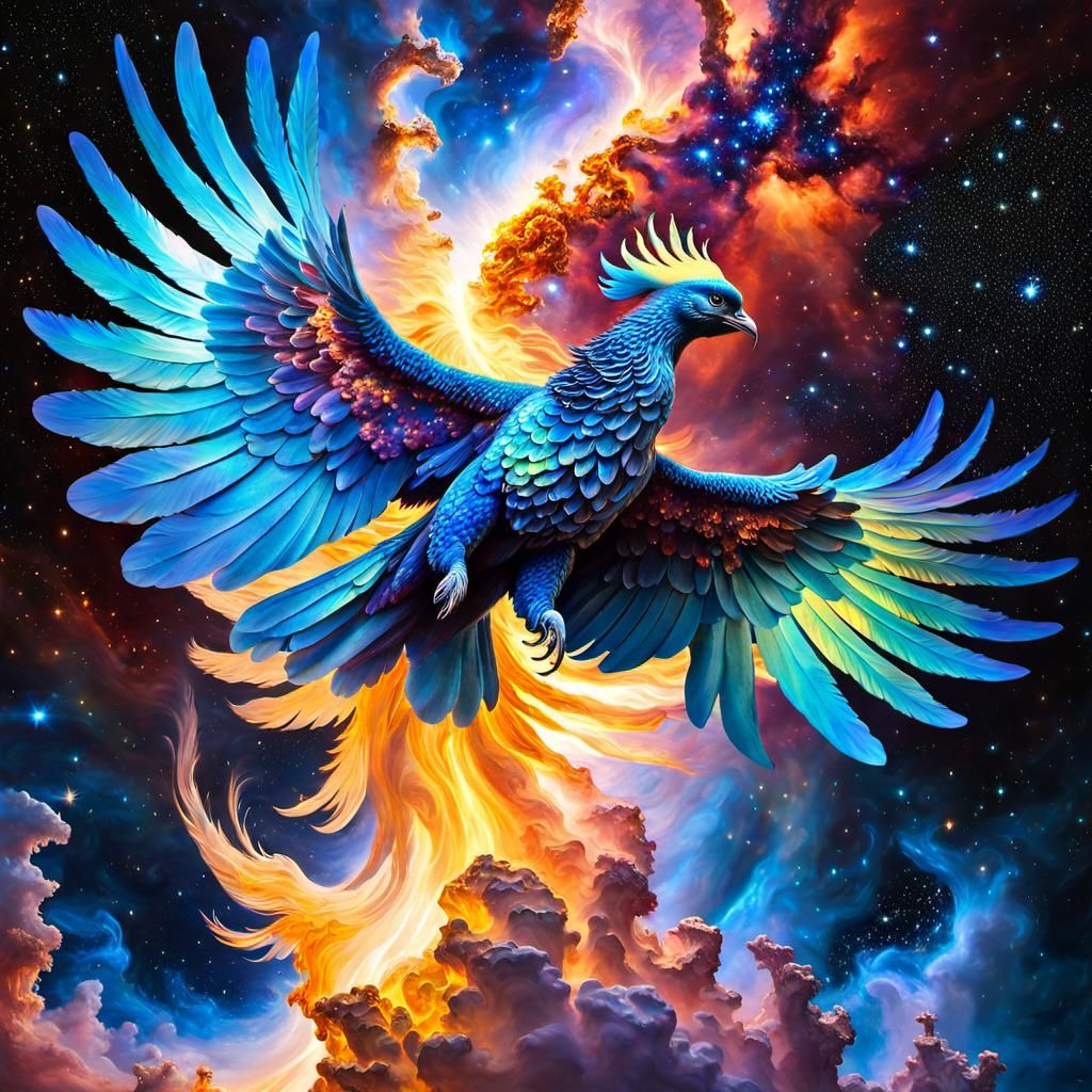 Iridescent Phoenix Soaring Through the Universe