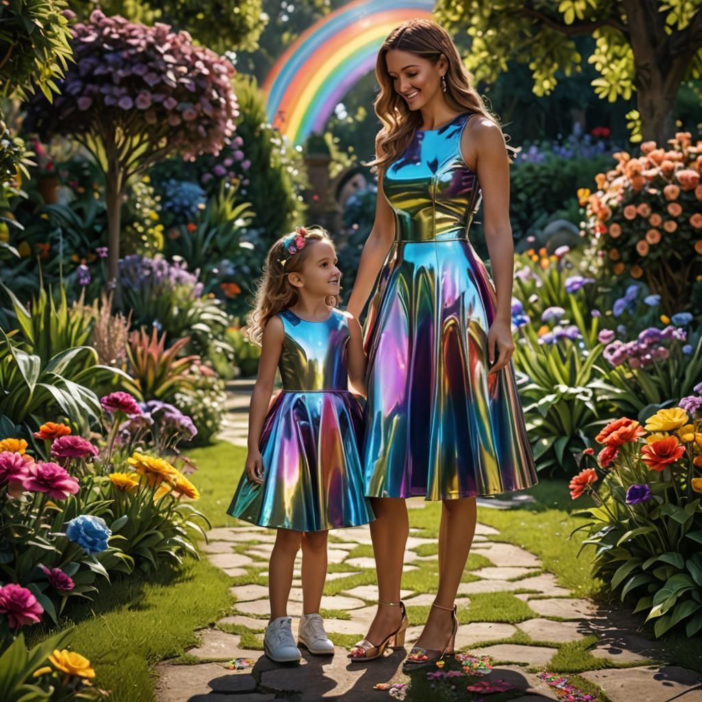 Mother and Daughter in a Metallic Rainbow Garden