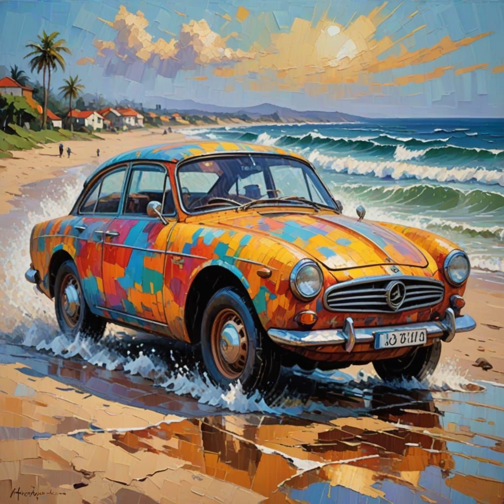 Vibrant Wooden Surfer in Neo-Impressionist Style