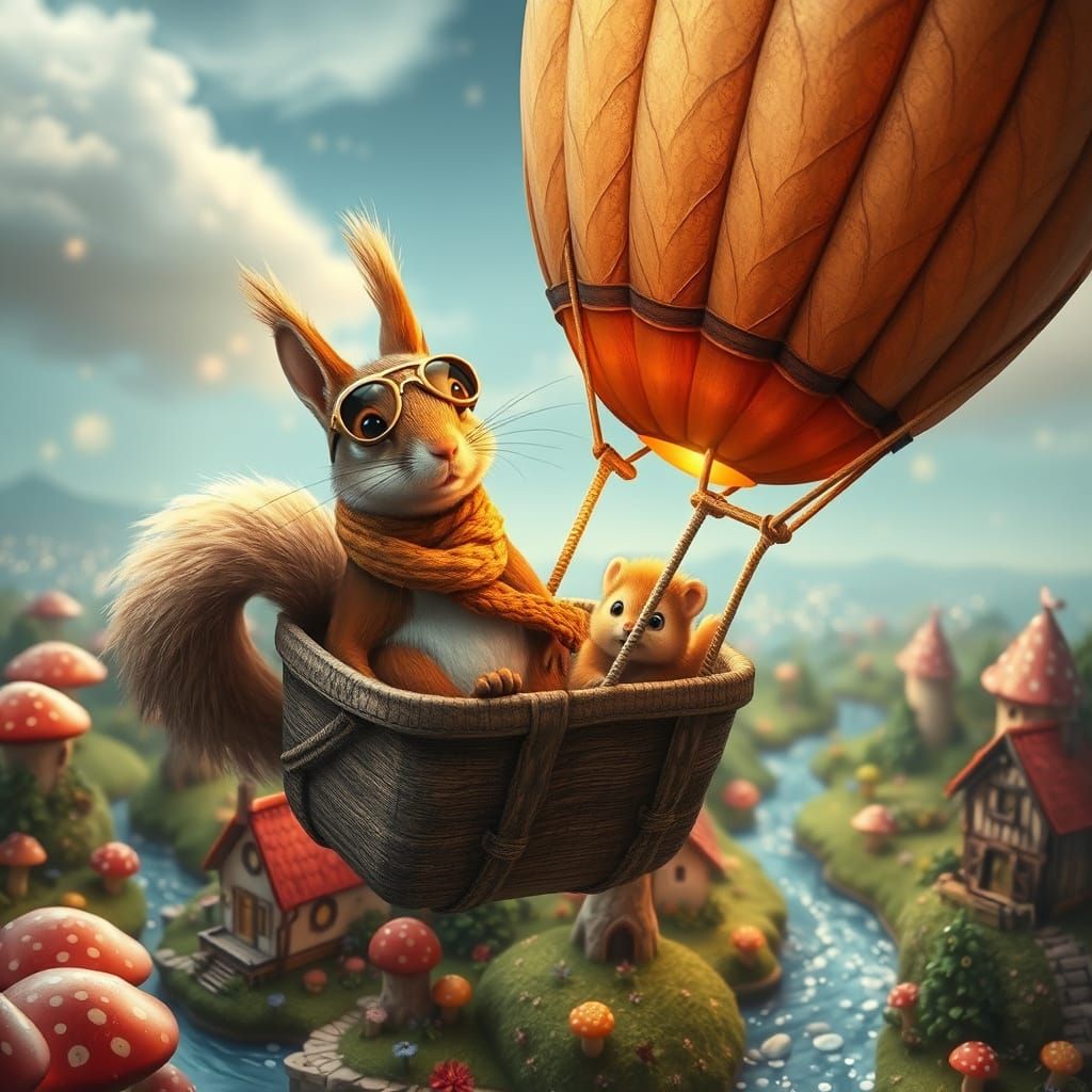 Squirrel Aviator in Acorn Balloon Over Whimsical Land