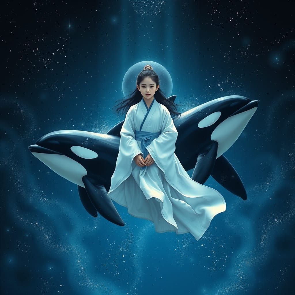 Ethereal Yang Surrounded by Majestic Orcas in Celestial Sea