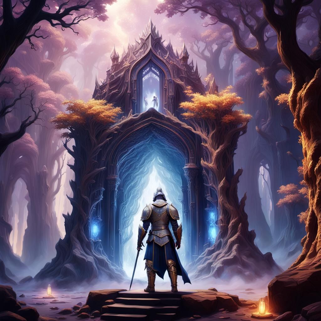 Armored Figure at Crystal Cave Entrance: Fantasy Art