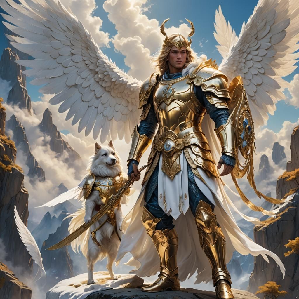 Angelic Man in Golden Armor and White Wings