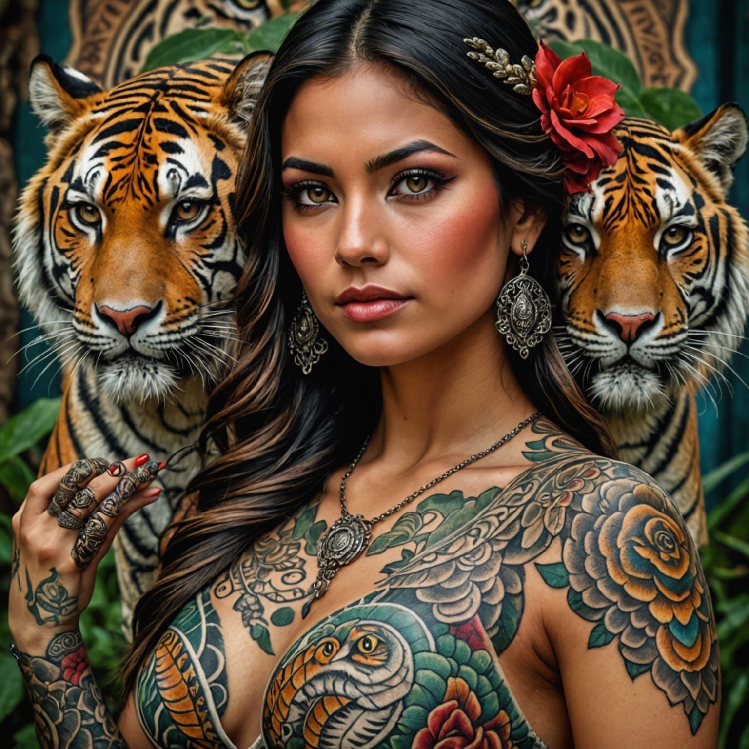 Mexican Beauty with Snake and Tiger Tattoo, Hyperrealistic
