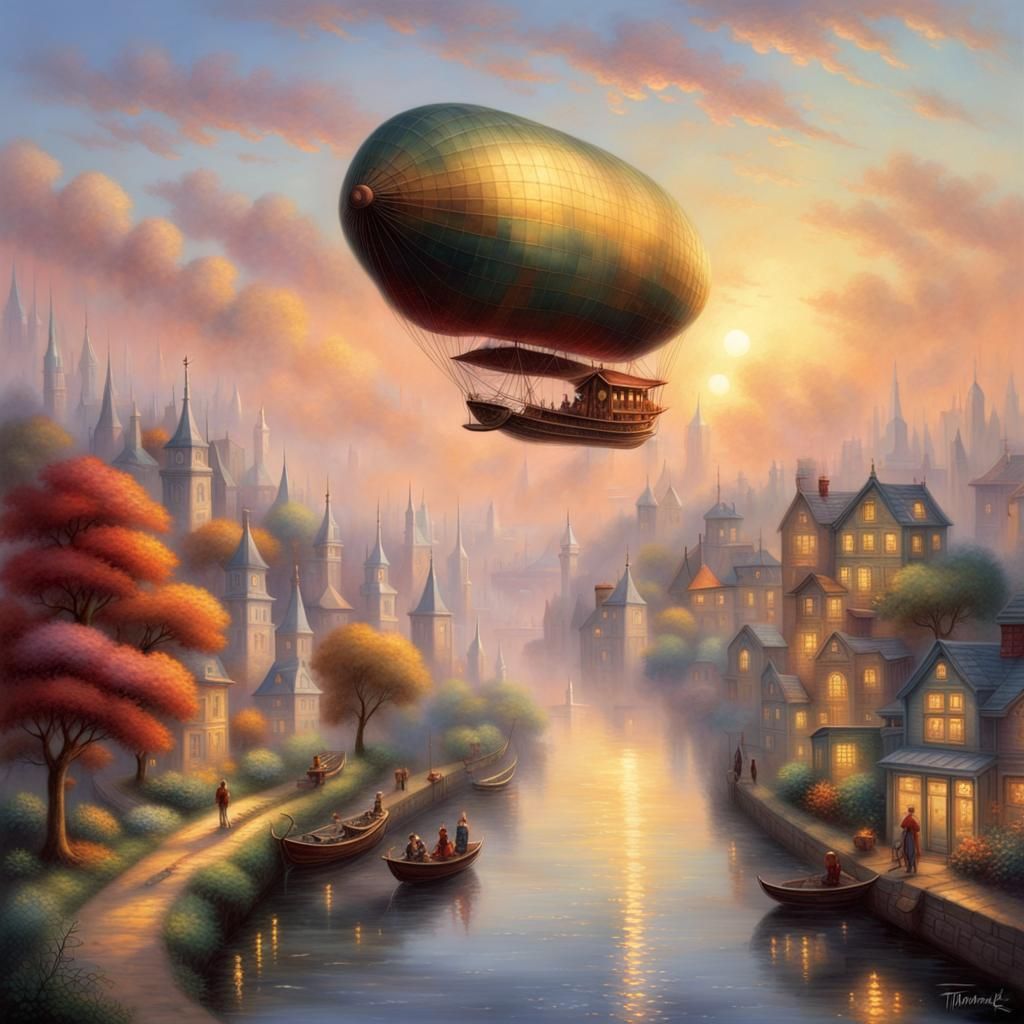 Airships Over Sparkling City at Sunset in Ethereal Style
