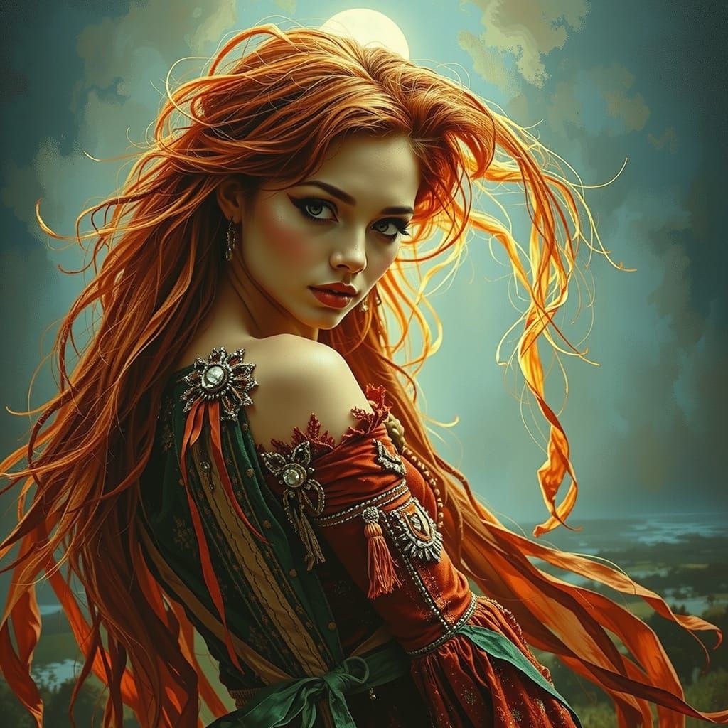 Tattered Glamour on Windswept Moor at Twilight