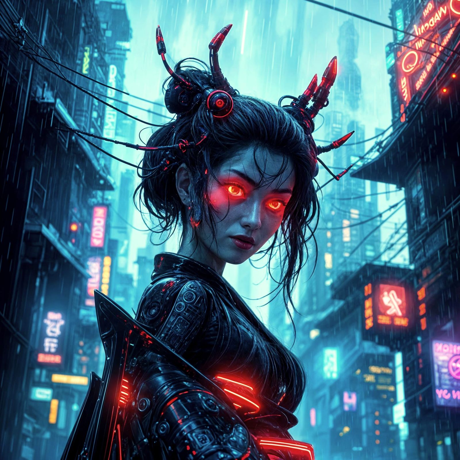 Anime Noir: Cyborg Geisha in Neon Rain