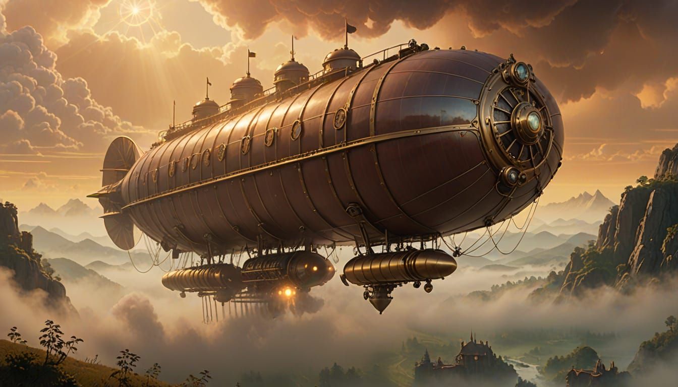 Steampunk Airship in Foggy Valley: Fantasy Art