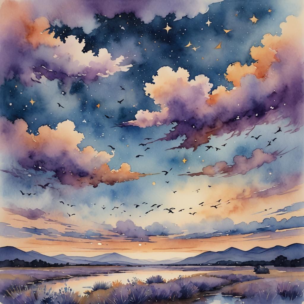 Birds in Watercolor Landscape with Drifting Clouds