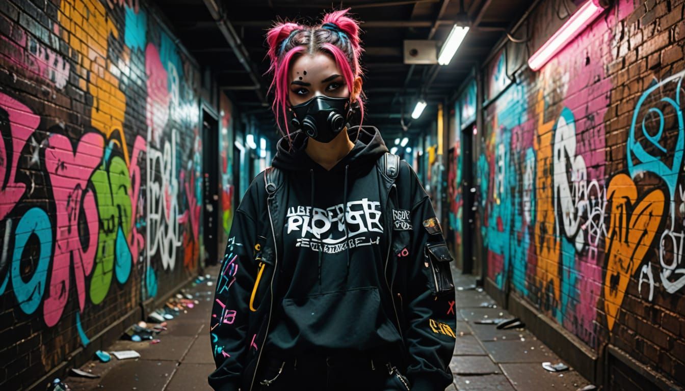 Dynamic Portrait of Female Street Artist in Cyberpunk Style