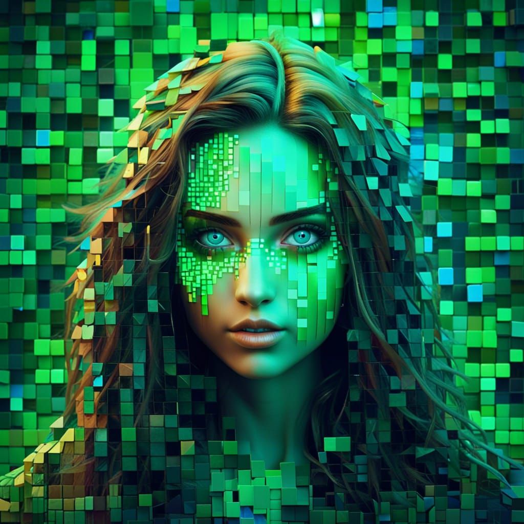 Mosaic Girl in Green Glitched 3D World